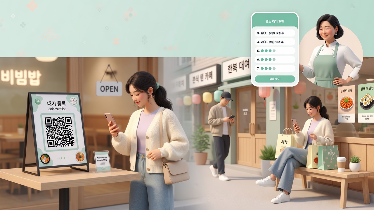입구에 붙인 QR을 손님이 스캔하고, 줄 서지 않고 여유 있게 기다리는 모습. 점주는 폰으로 대기열을 관리합니다.